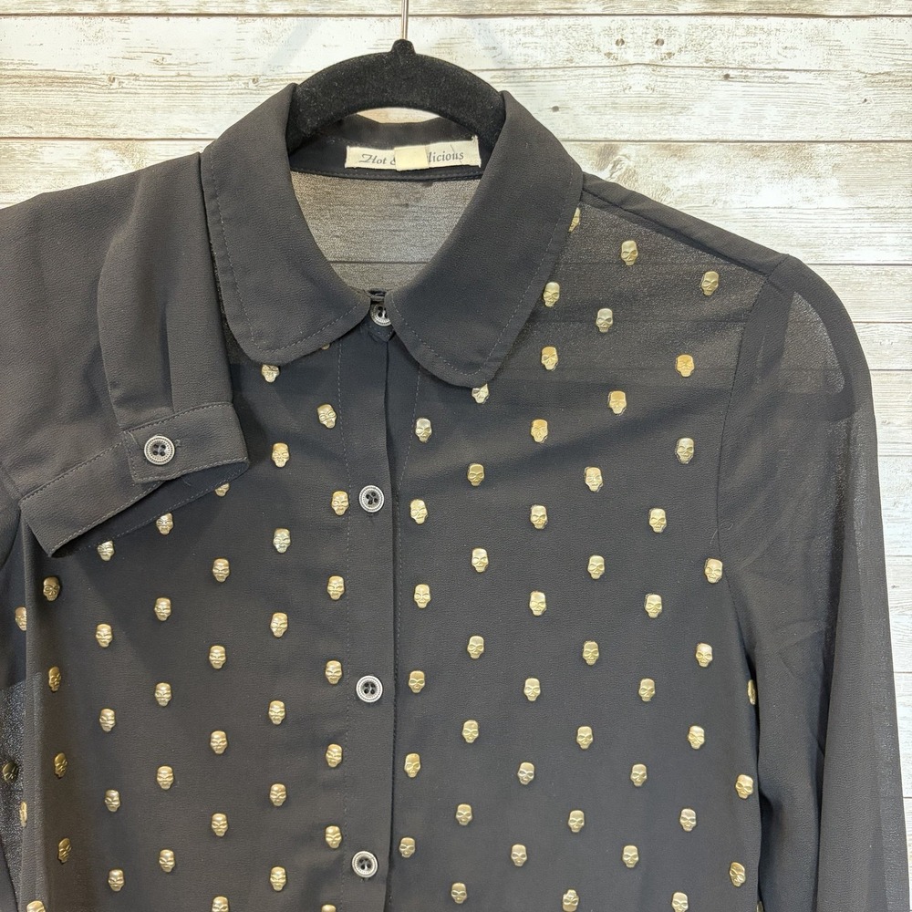 Hot & Delicious Womens S Top Sheer Blouse Black Brass Metal Skulls Button Up